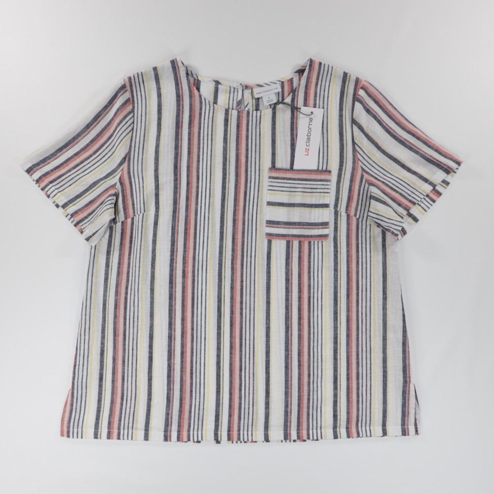 Liz Claiborne Women's Round Neck Short Sleeve Keyhole Stripe Top Multicolor XS‎